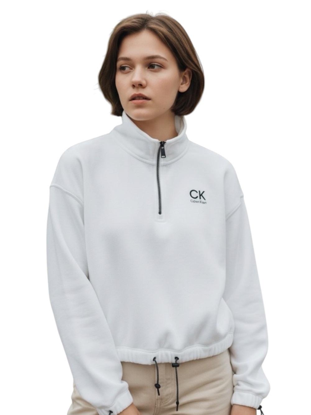 CALVIN KLEIN White Half-Zip Cropped Pullover Size Small NWT